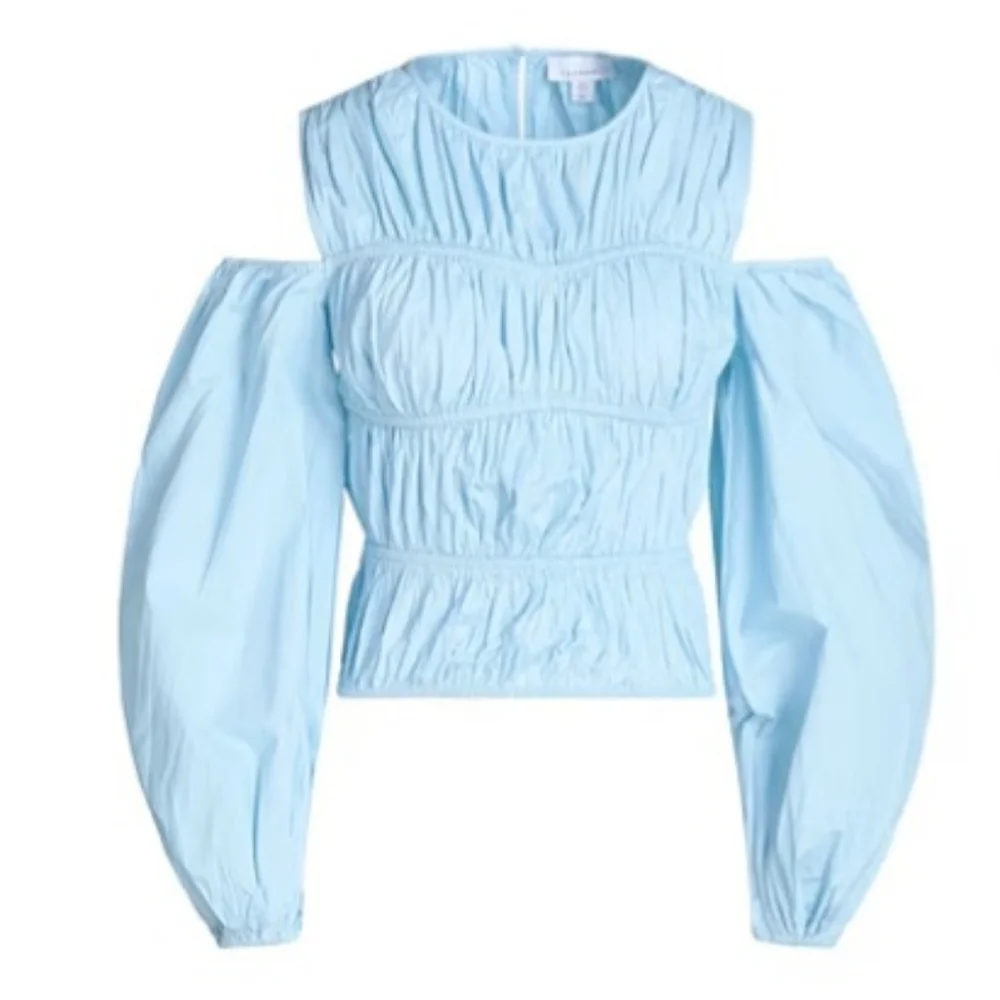 Topshop Shirred Poplin Off The Shoulder Blouse in Blue Size 6 - Picture 4 of 10
